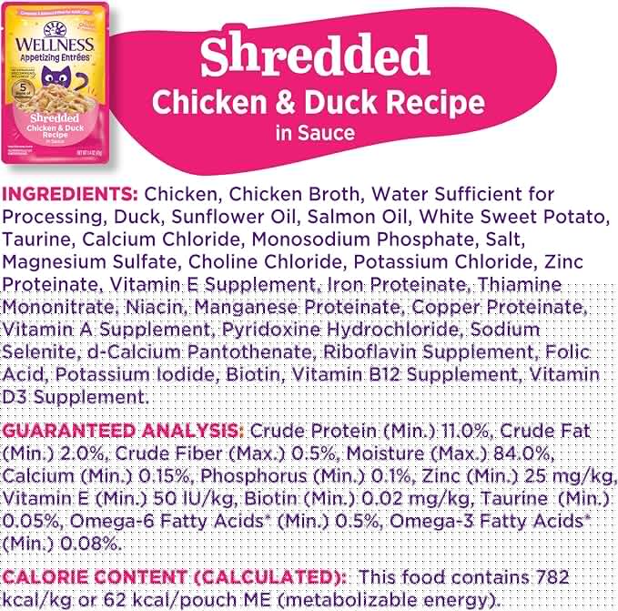Wellness Appetizing Entrées Shredded Adult Wet Cat Food, Natural, Protein Rich, Grain Free, Chicken and Duck Recipe, 1.4 oz, Pack of 8 Pouches