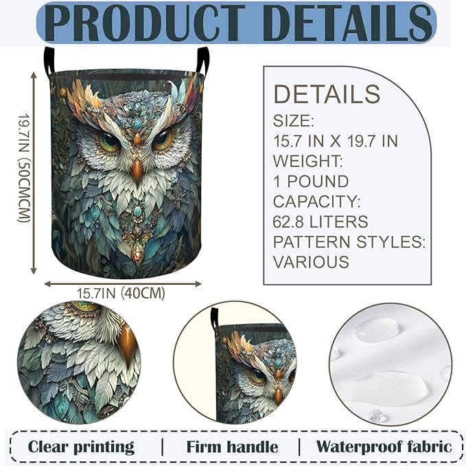Mystical Owl Laundry Basket Hamper 19.7"x15.8", Gothic Owl Foldable Waterproof Oxford Clothes Storage Bucket for Room Bathroom Bedroom Nursery Decor, Toy Organizer Bins Gifts for Kids Boys Girls