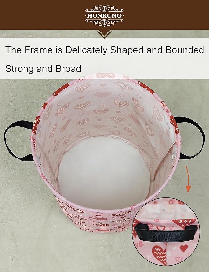 Collapsible Fabric Storage Basket, Waterproof Laundry Hamper with Handles, Round Storage Bin for Clothes Toys, Foldable Organizer for Bedroom Nursery Bathroom(Round-Pink Love Heart)