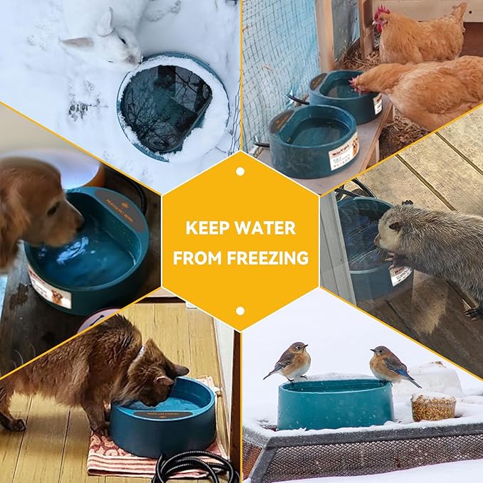 Heated Dog Bowl, Heated Water Bowl for Outdoor Cats, Winter Dog Water Dish with AntiBite Wire Heating Chicken Waterer Smart Thermal Bowl for Rabbits Birds Feral Animals, 35W 2.2L