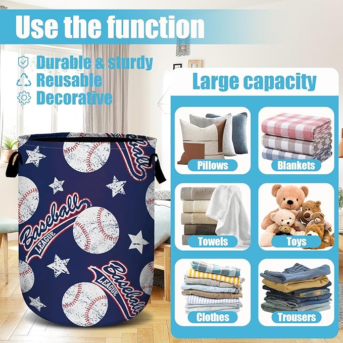 Baseballs and Stars Laundry Basket, Laundry Hamper Collapsible Oxford Cloth with Handle Clothes Storage Bin for Bathroom Laundry Room Bedroom 15.7 X 20 Inch