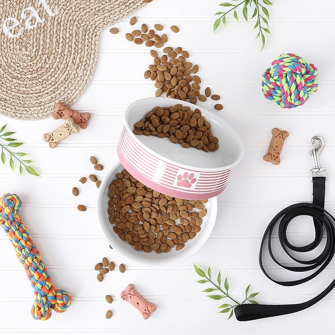 Bone Dry Ceramic Stripe Paw Pet Bowls Collection, Dishwasher Safe, Large, 7.5x2.4, Rose, 2 Count