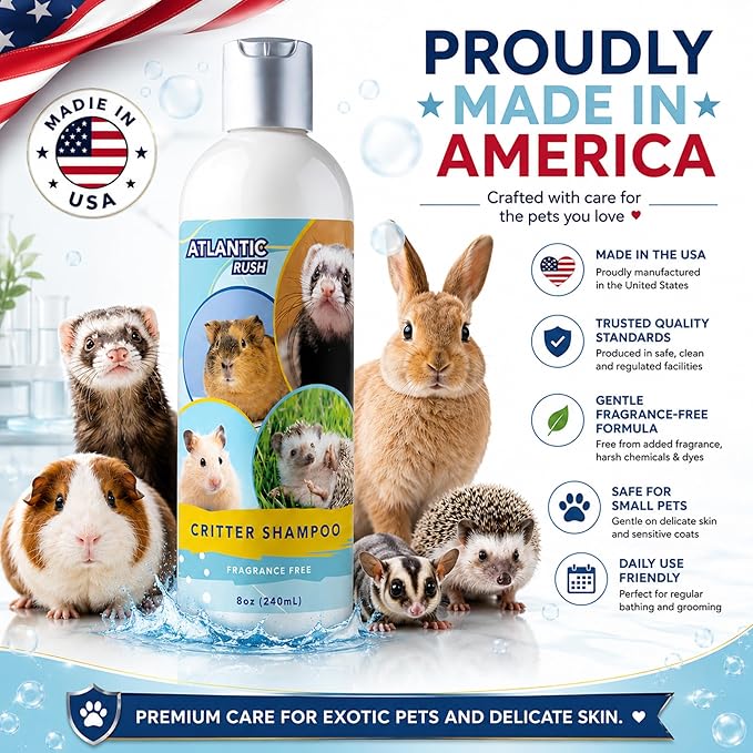 Critter Shampoo for Small Pets -Small Animal Fragrance & Detergent Free Shampoo - Sensitive Skin Shampoo for Ferrets, Guinea Pigs, Rabbits, Hedgehogs, Hamsters & Sugar Gliders (8 oz Fragrance Free)