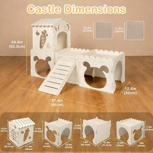 Large Rabbit House with 2PCS Rabbit Scratch Mat, Wooden Bunny Castle with 4 Houses Indoor, Guinea Pig Cage Multistory Climbing Tower Sturdy Wooden Castle, Small Animal Hideaway Tunnel