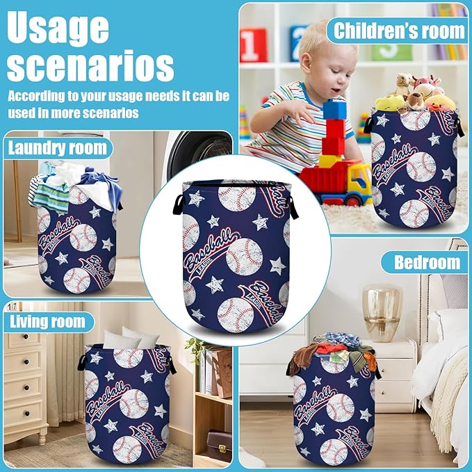 Baseballs and Stars Laundry Basket, Laundry Hamper Collapsible Oxford Cloth with Handle Clothes Storage Bin for Bathroom Laundry Room Bedroom 15.7 X 20 Inch