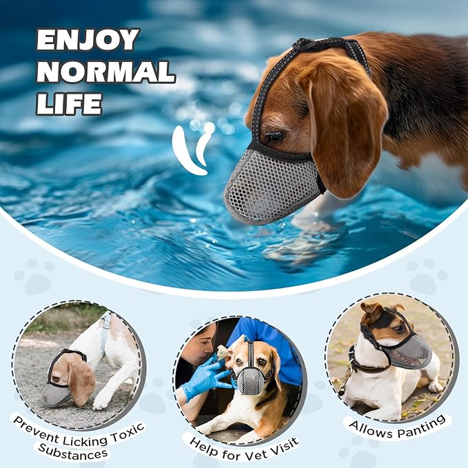 Dog Muzzle,Mesh Soft Muzzle for Small Medium Large Sized Dogs, Breathable Reflective Adjustable Puppy Muzzles with Collar for Scavenging Grooming Biting Chewing,Allows Panting and Drinking(Grey M)