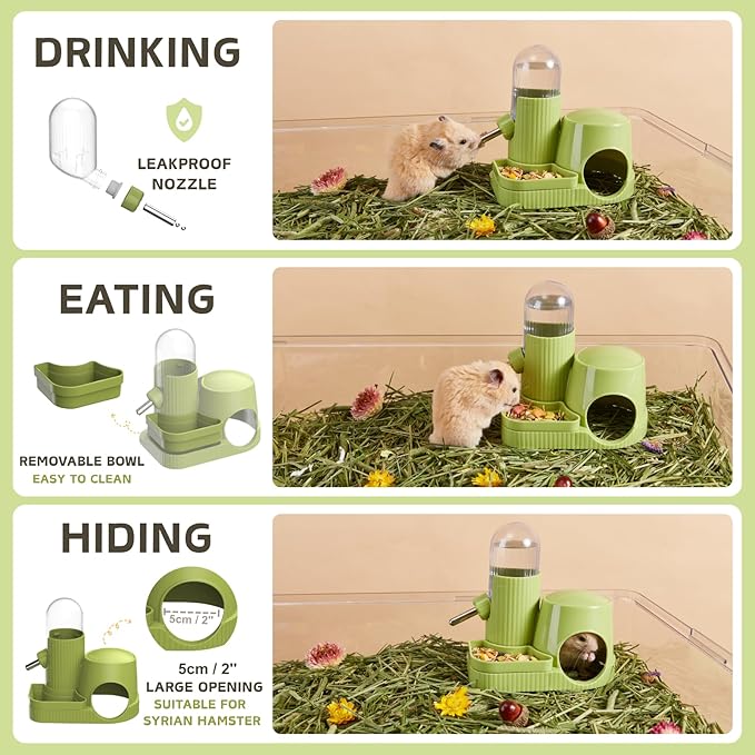 3 in 1 Hamster Water Bottle No Drip Automatic Leakproof Dispenser with Food Container and Hideout Base for Gerbil Rat Dwarf Hamster Mouse (Green, 3.4oz)