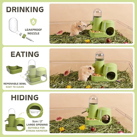 3 in 1 Hamster Water Bottle No Drip Automatic Leakproof Dispenser with Food Container and Hideout Base for Gerbil Rat Dwarf Hamster Mouse (Green, 3.4oz)