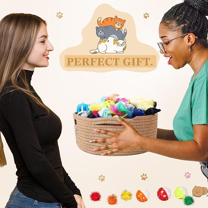 Zopeal 58 Pcs Mother’s Day Cat Storage Basket Gift Toys Set, Colorful Flashing Balls Pet Bell Crinkle Balls Spring Toys Attract Cat to Swat, Hunt, Interactive for Pet(Khaki,9.8 Inch)