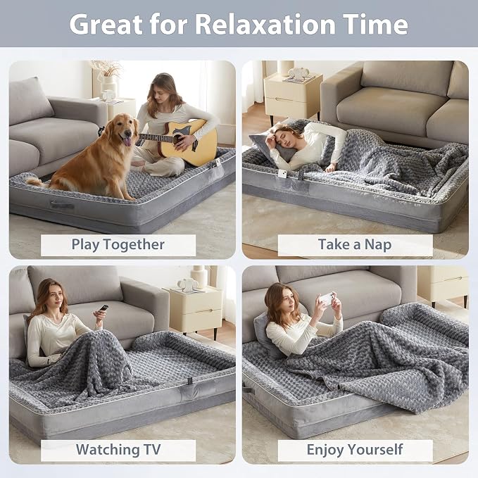 WNPETHOME Human Dog Beds for People Adults, Washable Faux Fur Nap Bed Adult Oval for People, Calming Human Size Giant Dog Bed Fits Pet Families with Storage Pocket Grey