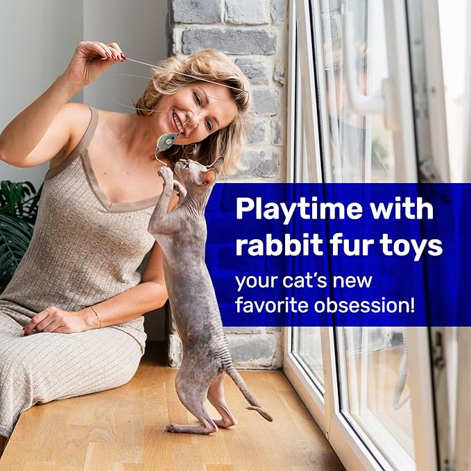 Kats’N US 2 Inch Real Rabbit Fur Handmade Mouse Cat Toy with 19 Inch White Wand - Gray Teaser with Bell, Durable Fiberglass Wand & Line, Hunting Instinct Interactive Exercise Attachment Set for Cats