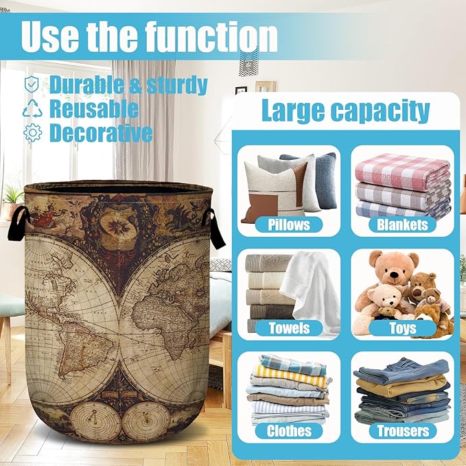World Map Laundry Basket, Laundry Hamper Collapsible Oxford Cloth with Handle Clothes Storage Bin for Bathroom Laundry Room Bedroom 15.7 X 20 Inch