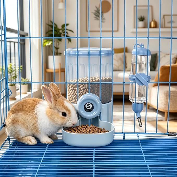 Sangle Sopffy Rabbit Feeder and Water Dispenser Set, Gravity Food Bowl with Water Bottle for Cage, Small Animal Feeding Station for Bunny, Guinea Pig, Chinchilla, Ferret, Hedgehog, Blue 2-Piece Set