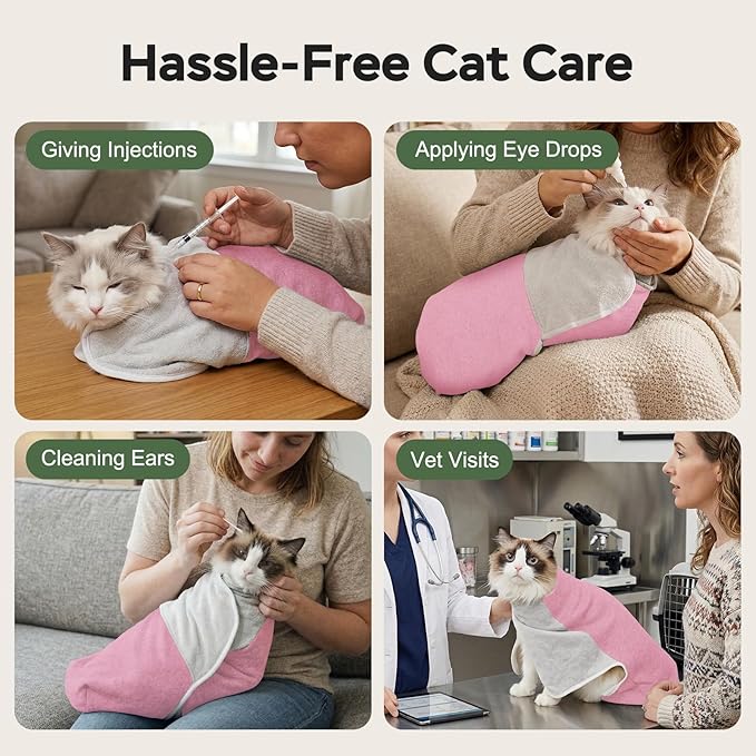 Cat Wrap for Cutting Nails, Self-Adhesive Cat Nail Clipping Restraint Bag, Anti-Scratch Cat Grooming Wrap Swaddle for Meds, SubQ Fluids, Ear Cleaning, Teeth Brushing & Vet Visits,Pink,S
