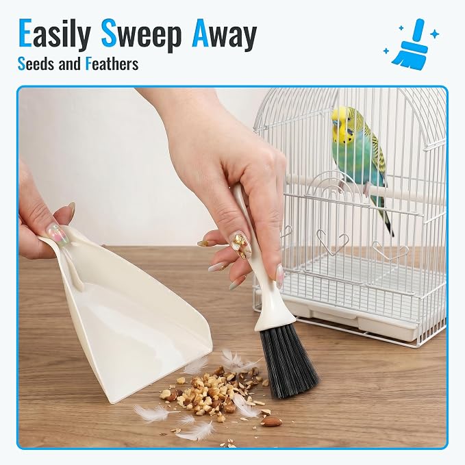 SIMPOR Bird Cage Cleaner Brush Kit, Bird Poop Remover, 5 PCS Cleaning Tools Set with Mini Dustpan, Scraper and Wire Brushes, Bird Cage Accessories for Parrot, Parakeet, Budgie, Cockatiel