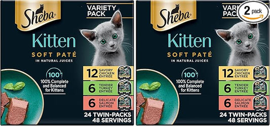 Sheba Perfect Portions Kitten Wet Cat Food Pate Chicken Entree, Salmon Entree, and Turkey, 2.6 oz. Twin-Pack Trays (, 48 Servings), 24 Count (Pack of 2)