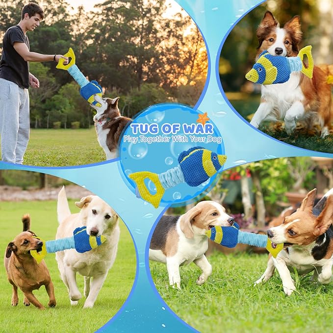 YZHDUXIU Tug of War Dog Toy, Squeaky Dog Toys, Interactive Fish Puppy Toys with Crinkle Paper to Keep Them Busy