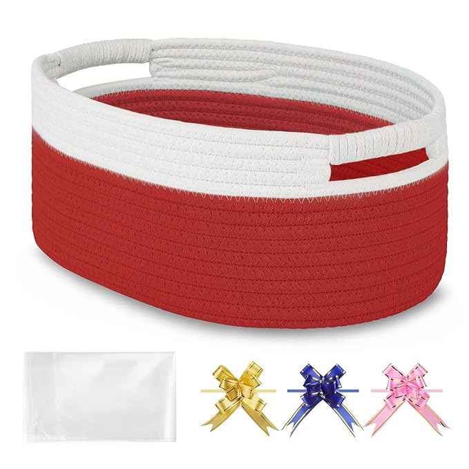 Small Woven Basket with Gift Bags and Ribbons, Empty Baby Gift Baskets for Kids Women Men, Shelf Storage, Small Cat Dog Pet Toy Boxes, 13”x 9”x 5.5”, Red