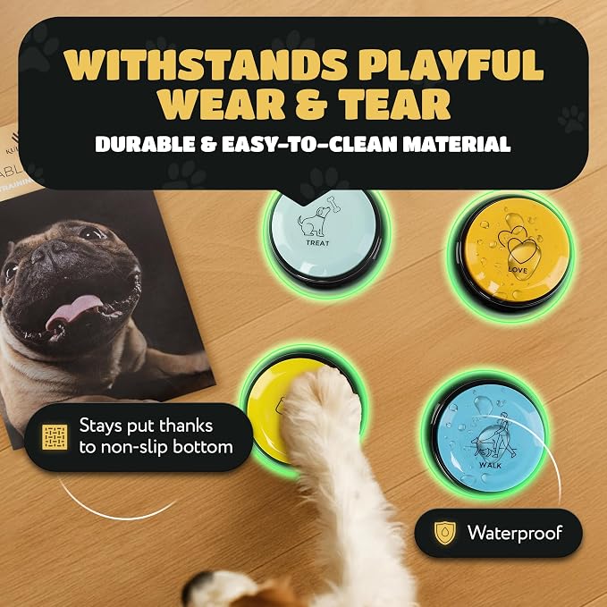 KUL KING'S Waterproof & Non-Slip Dog Talking Buttons - 4 Recordable Buttons with Batteries, Stickers, Training Guide - Talking Dog Buttons for Communication