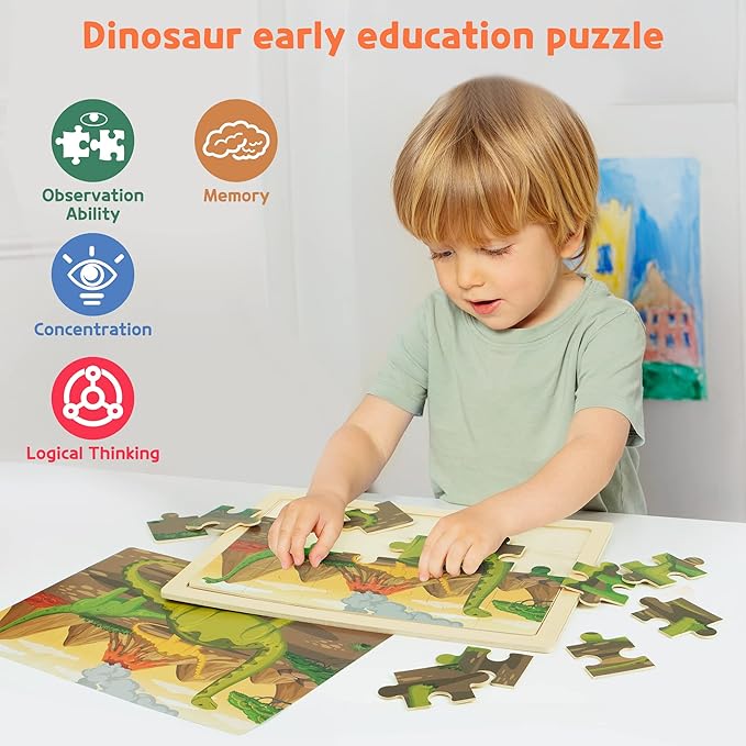 SYNARRY Large Dinosaur Wooden Puzzles for Kids 4 in 1 Gift Box(12.2 * 9.4 in), Jigsaw Puzzles for Kids Ages 4-6, Wood Puzzles for Kids Ages 3-5, Dinosaur Toys Gifts for 3 4 5 Year Old Boys Girls