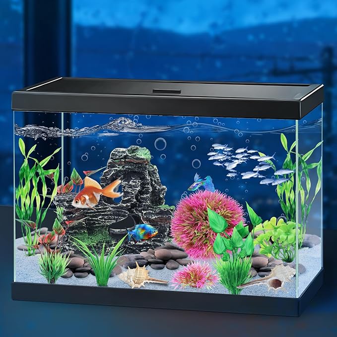 QUOZUO Fish Tank Accessories Aquarium Plants, 10pcs Colorful Fish Bowl Ornaments Plants and Rock Cave Decor Set, Aquarium Decor