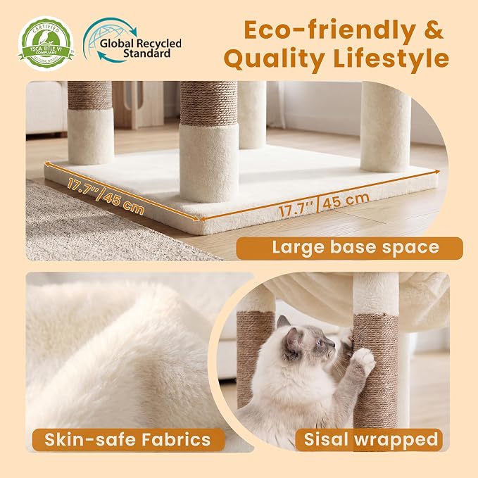 Heybly Cat Tree, 56-Inch Multi-Level Easy Climb Tower for Large Cats, Cat Furniture with 2 Perches, Cozy Hammock, Spacious Condo & Cat Basket, Durable Sisal Scratching Posts, Beige HCT028G