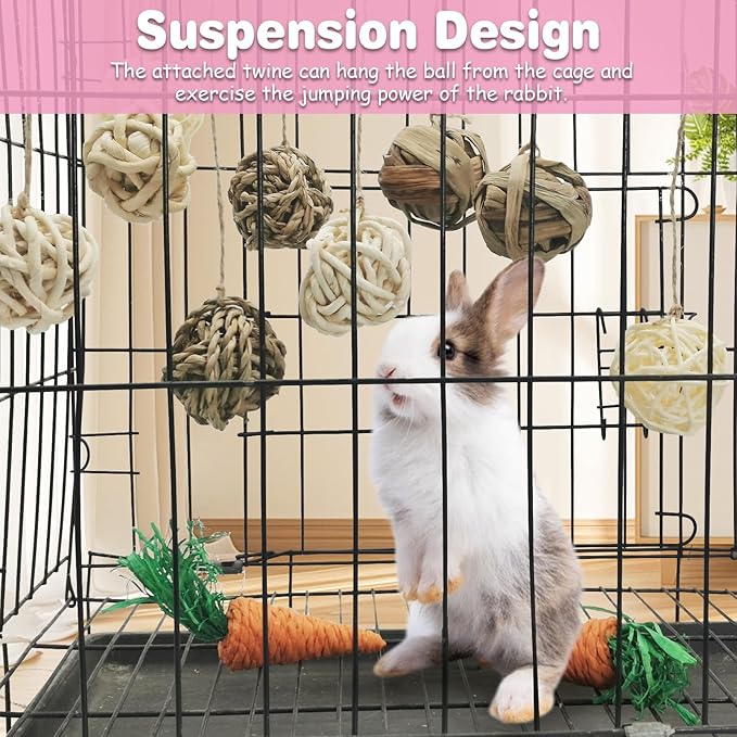 kathson 17 Pcs Natural Rabbit Chew Toys Guinea Pig Toys Small Animal Play Ball Bunny Activity Chinchilla Rolling Toy Gnawing Treats Grass Balls for Pet Rat Hamsters Gerbils Mice Cage Entertainment