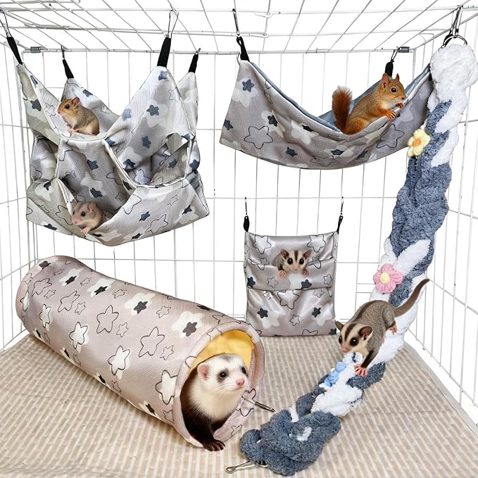 Hamiledyi Rat Hammock Sugar Glider Climbing Ropes Toys Rat Hanging Tunnel Hammock Swing Squirrel Hideout Bed Cage Accessories for Ferret Mouse Hamster Small Animals (Grey)