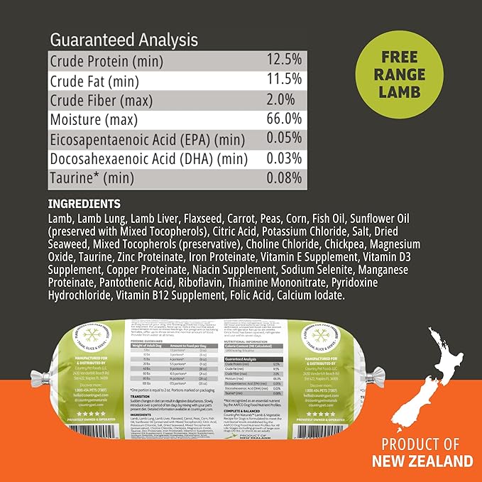 New Zealand Lamb & Veggie Frozen Fresh Dog Food, High-Protein 91% Grass-Fed Free-Range Meat, Gently Cooked, Grain-Free, Omega-3s, 8 Rolls (12 lb Case)