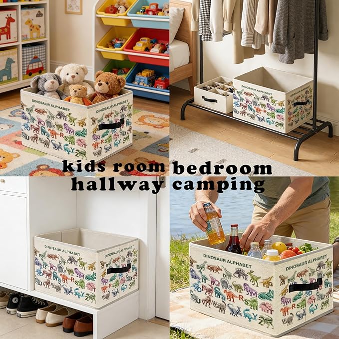 Alphabet Dinosaur Kids Storage Bins, ABC Education Dino Foldable Closet Organizers Storage Basket Toybox for Toddler Playroom Nursery Preschool Classroom Clothes Bed Sheets Blankets Toys