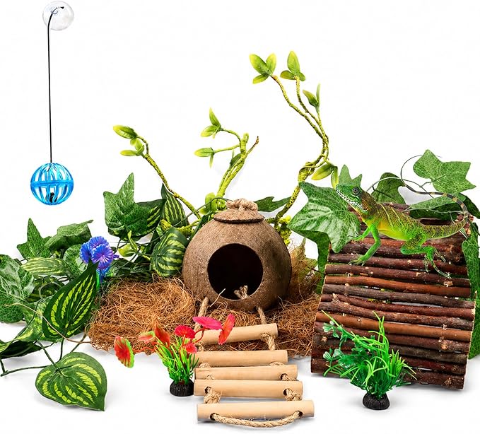 RUNANIA Crested Gecko Tank Accessories，Reptile Vines Plants with Coconut Shell Ladder Hideout Hermit Crab Decor for Leopard Gecko Lizard Chameleon Tortoise Snake Terrarium Decor