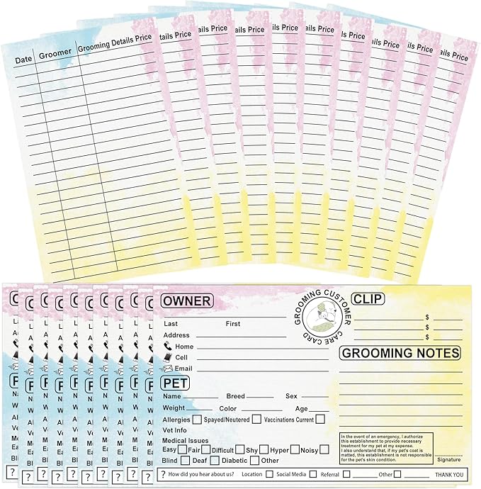 Cat Pet Dog Grooming Cards 8x5 inch Groomer Client Profile Service Record Clip Card Business Data Client Page Cards for Professional Pet Groomers, Kennel Care 50 Pack (Yellow)
