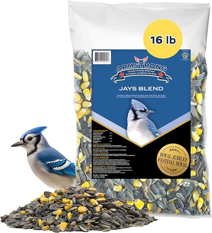 Armstrong Wild Bird Food Royal Jubilee Jays Blend, 16 Pounds - with Whole Corn, Striped Sunflower, Black Oil Sunflower and Peanuts for Blue Jays - Ideal for Outside Feeders