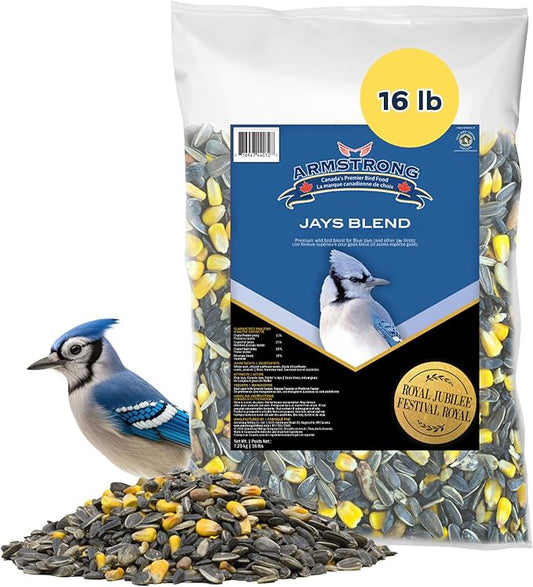 Armstrong Wild Bird Food Royal Jubilee Jays Blend, 16 Pounds - with Whole Corn, Striped Sunflower, Black Oil Sunflower and Peanuts for Blue Jays - Ideal for Outside Feeders