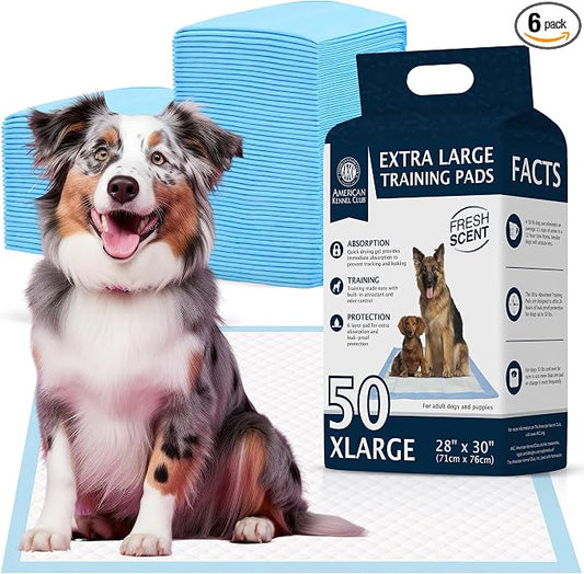 American Kennel Club Scented Puppy Training Pads with Ultra Absorbent Quick Dry Gel – 28 x 30 Pee Pads for Dogs - Fresh Scented - 50 Count, XL (Pack of 6)