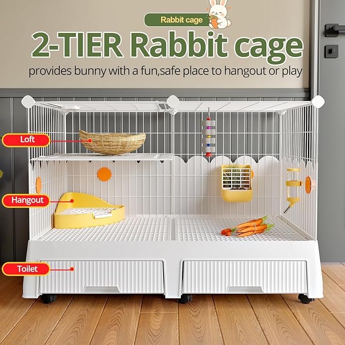 Oneluck Large Rabbit Cage Indoor,2-Story Bunny Hutch with Rasied Urine-Proof Walls, Leak-Proof Trays, Wheels,37" L x22 W x 30" H for Rabbits, Chinchillas, Guinea Pig (Large, Opaque)