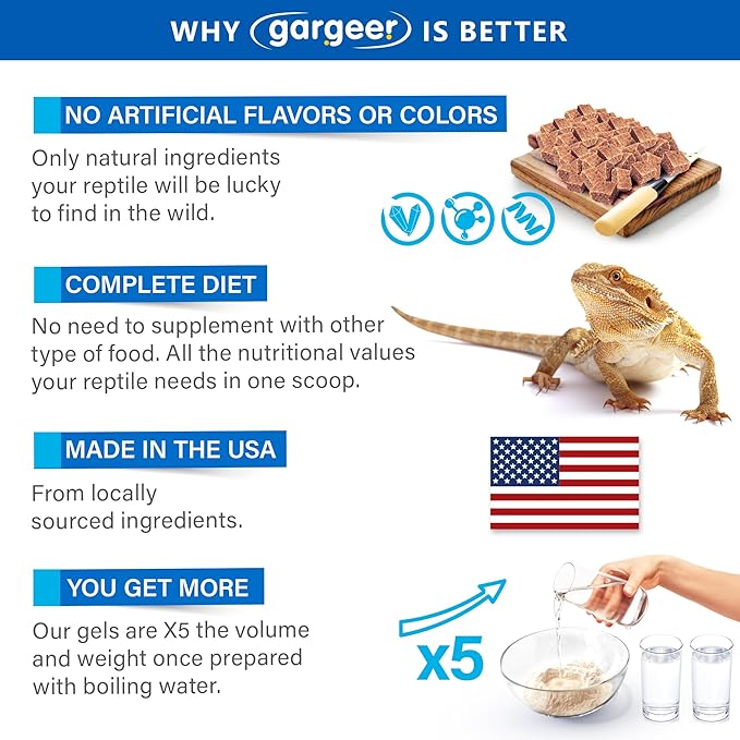 Gargeer 3oz Bearded Dragon Food. Complete Gel Diet for Both Juveniles and Adults. Proudly Made in the USA, Using Premium Ingredients, Fortified Gourmet Formula. Enjoy!