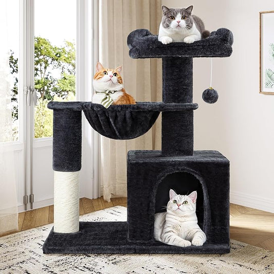 Allewie 29.5in Indoor Cat Tree, Multi-Level Cat Tower with Sisal Scratching Posts, Padded Perch, Basket, Condo, and Hanging Ball, Suitable for Kittens and Adult Felines,Dark Grey