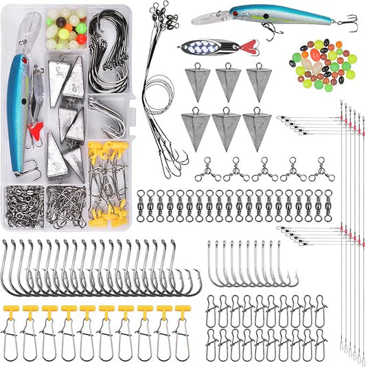 Saltwater Fishing Tackle Kit, 136pcs Surf Fishing Gear Fish Finder Rigs Saltwater Fishing Lures Crankbait Spoon Pyramid Sinker Fishing Hooks Leaders Swivels Ocean Fishing Tackle Accessories