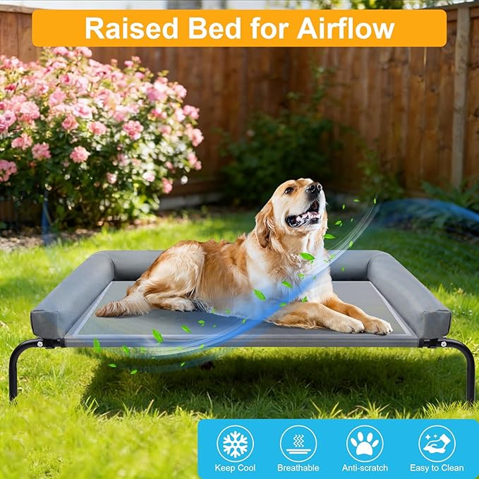 42''Cooling Elevated Dog Bed with Pillow,Outdoor Indoor Raised Dogs Bed with Six Support Feet,Breathable Dog Cot Beds Teslin Medium Large Size Dogs,Pet Hammock Beds, Pet Beds with 4 Ice Pack(Medium)
