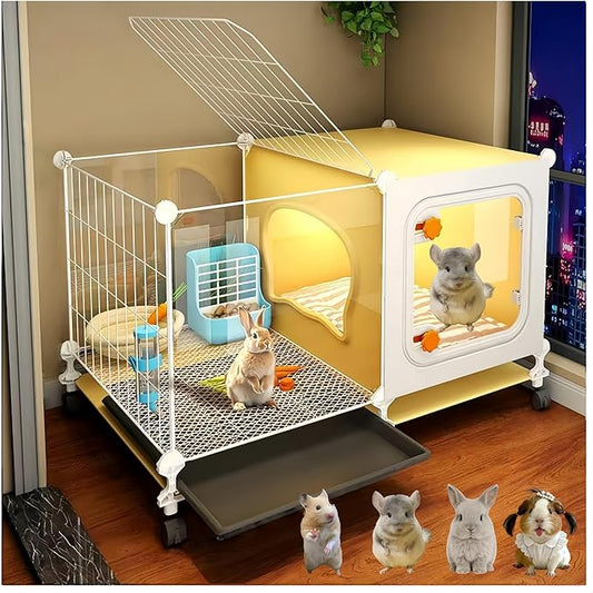 Luxury Villa Rabbit cage with Wheels, Guinea Pig cage, complimentary Food Bowl, Bed. Suitable for Hamsters, Chinchillas, Squirrels, Hedgehogs, Ferrets, Cats，Mouse (27.6" Lx 17.7" Wx17.7 H)