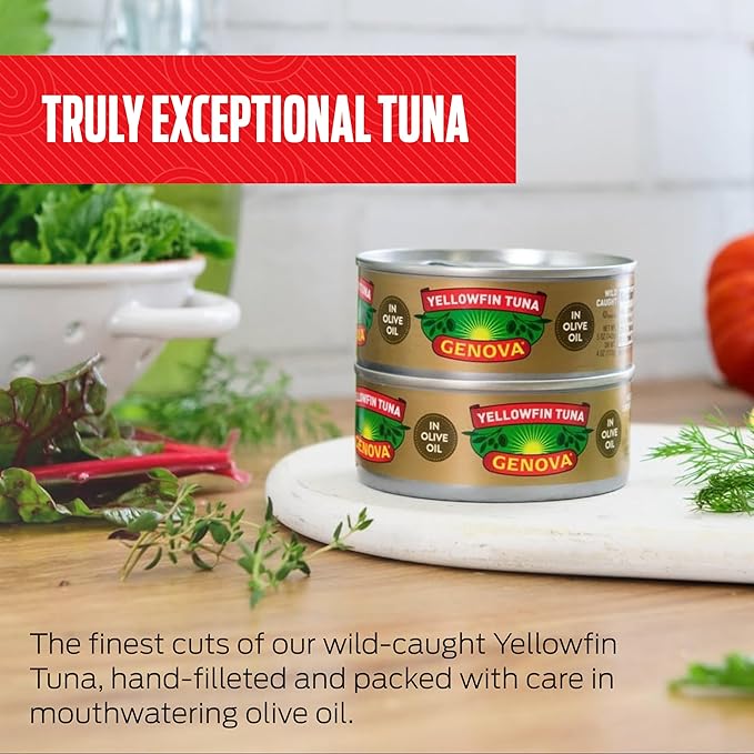 Genova Premium Yellowfin Tuna in Olive Oil, 3 Ounce Cans (Pack of 24), Wild Caught Canned Tuna, Solid Light