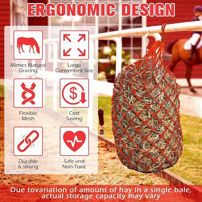 Nuenen 4 Pcs Hay Bags for Horses Goat 40 Inch Oxford Slow Feeder Hay Nets Bag for Horses Sheep Hanging Feeding Supplies Trailer Stable(Red)