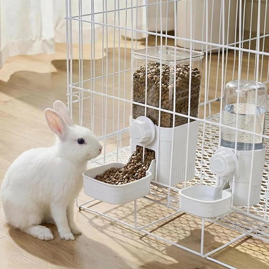 Hanging Automatic Food Water Dispenser,Rabbit Feeder Guinea Pig Water Bottle Food Feeder for Ferret Guinea Pig Rabbit Bunny Cage Accessories (White)