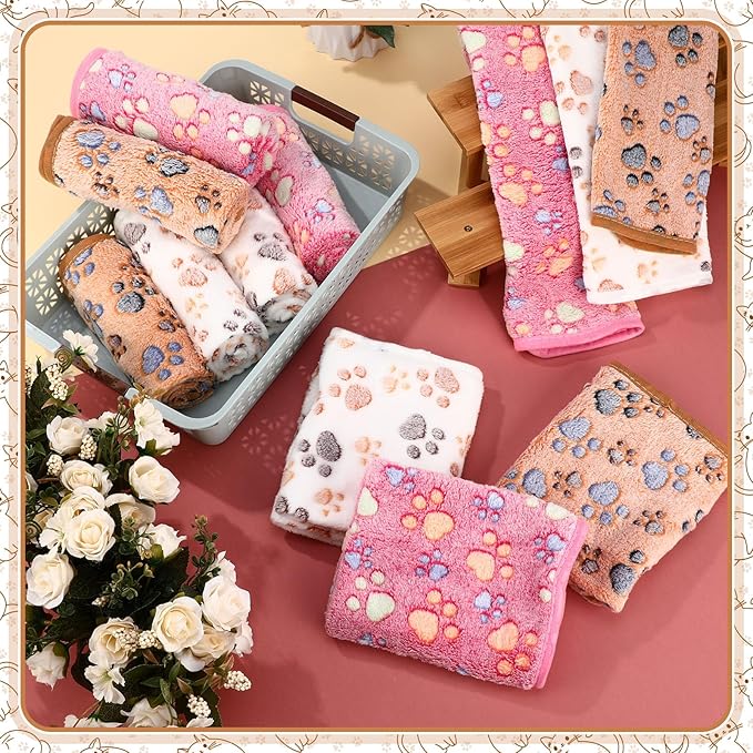 Tegeme 12 Pcs Pet Blankets 30 x 20 Inch Soft Fluffy Fleece Dog Cat Warm Paw Print Pattern Blankets Flannel Throw for Pets Dog Puppy Cat(Pink,Beige,Camel)