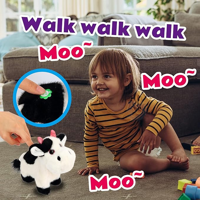 Walking Black Cow Stuffed Animal Speaking Moo Plush Cattle Electric Interactive Animated Plushies Toy for Girls Boys Birthday