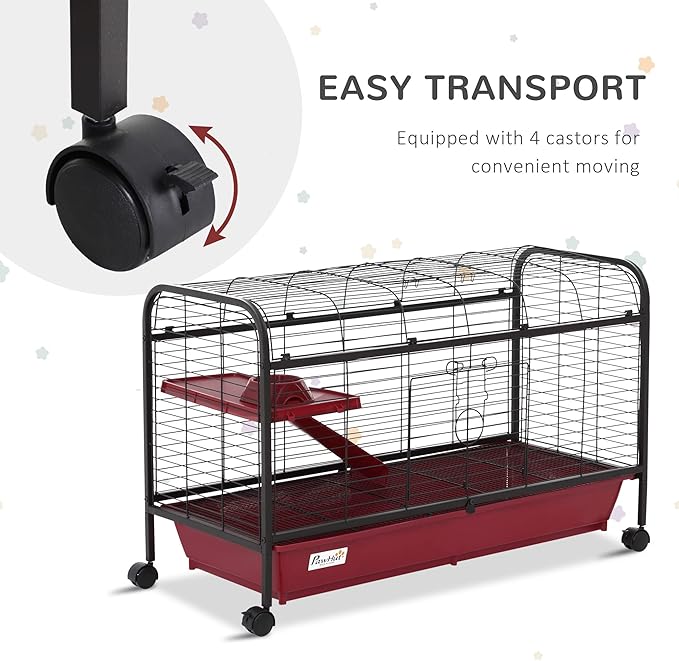 PawHut 41" L Small Animal Cage Rabbit Hutch Ferret Pet Play House with Feeder, Rolling Wheels, Platform, Ramp, Red