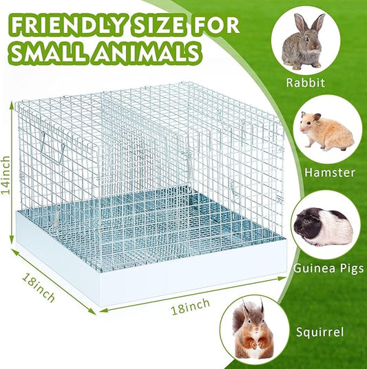 DoubleFill 2 Hole Folding Rabbit Transport Cage, Portable 18 x 18 x 14 in Bunny Carrier with Tray and Handles for Travel or Temporary Housing, Indoor Outdoor Pet Habitat Animal Enclosure