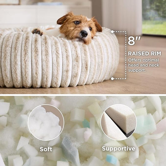 Bedsure ComfyFleece™ Donut Medium Dog Bed - Washable Faux Fur with Corduroy Fleece & Anti Slip Bottom, Round Pet Bed with Removable Cover, Amphora, 30x30x8 inches
