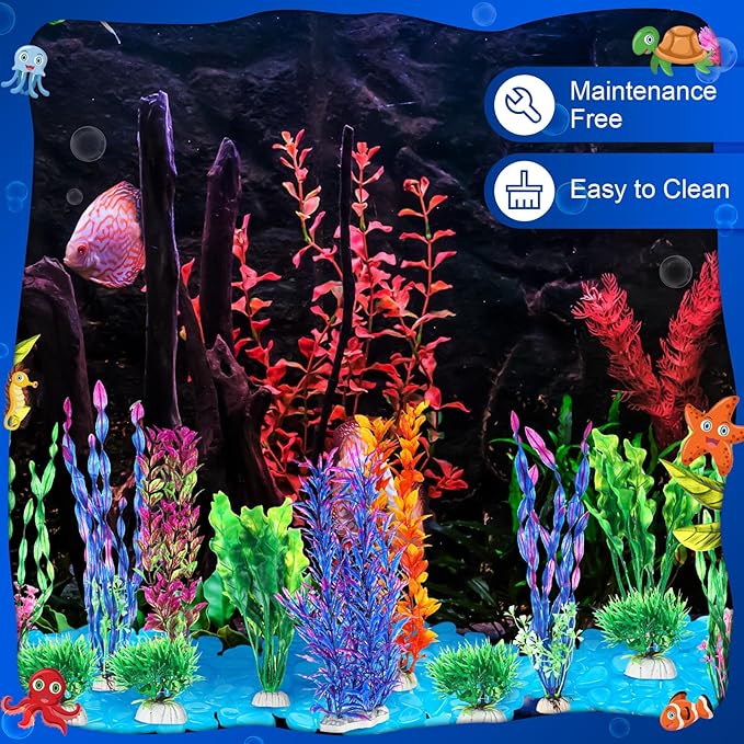Jexine 117 Pcs Fish Tank Accessories Decorations Set 100 Pcs Glow Blue Betta Fish Rocks Stones 15 Pcs Artificial Plastic Fake Aquarium Plants 2 Pcs Hammock Plant Leaf Pad for Aquarium Bowl Decor